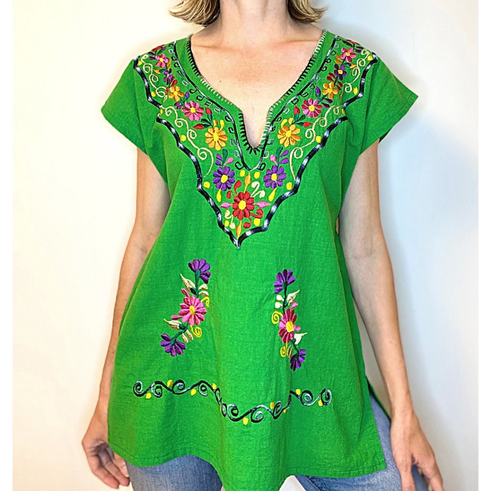 Mexican Embroidered Peasant Blouse Green Size L
